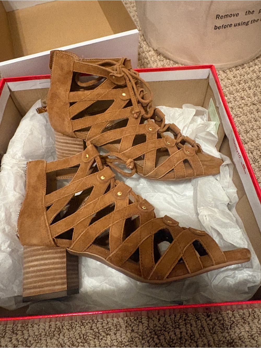 AEROSOLES Cognac Suede Lace-Up Cutout Block Heel Sandals